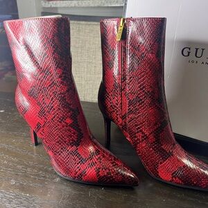 Guess Bold Red Snake Print Heeled Boots